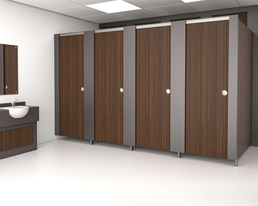 Baseline toilet cubicle and semi-recessed vanity unit with upstand in 'American Walnut' colour