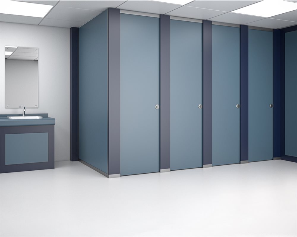HiZone full height toilet cubicle and counter top vanity unit with an upstand in 'Airforce Blue' and 'Navy Blue' colours