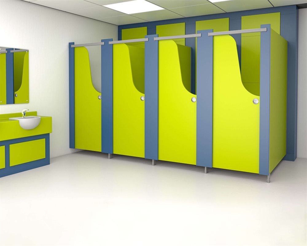 Profile Kids toilet cubicle and semi-recessed vanity unit with an upstand in 'Lime Green', 'Cobalt Blue' and 'Jumble blocks' kids print