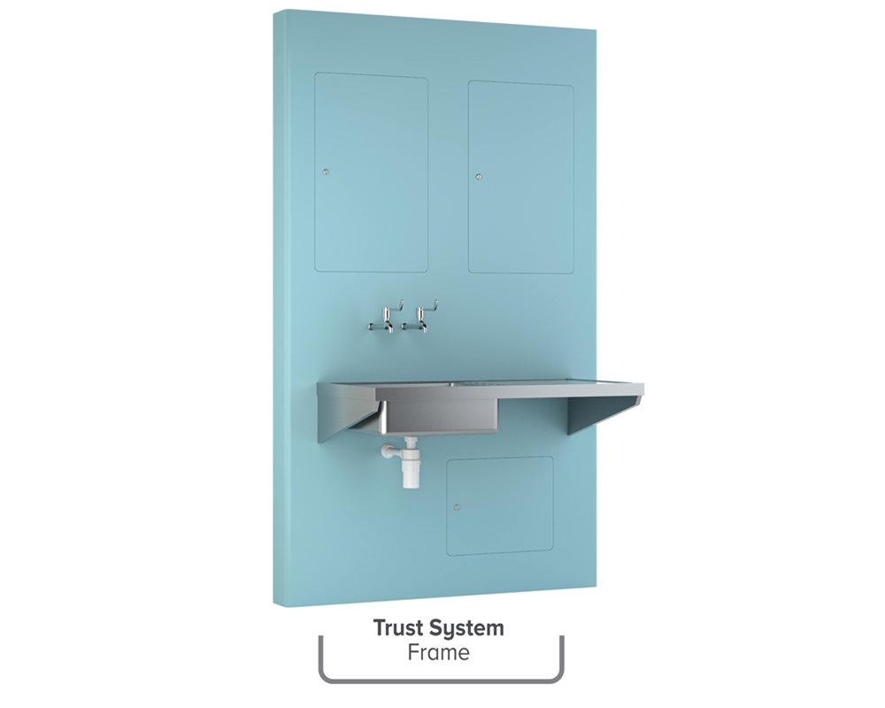 Healthcare IPS Postformed Boxed Out Unit with stainless steel Sink and Sink Top Assembly with left hand drainer (HBN reference: ST A) and healthcare wall mounted, lever bib taps