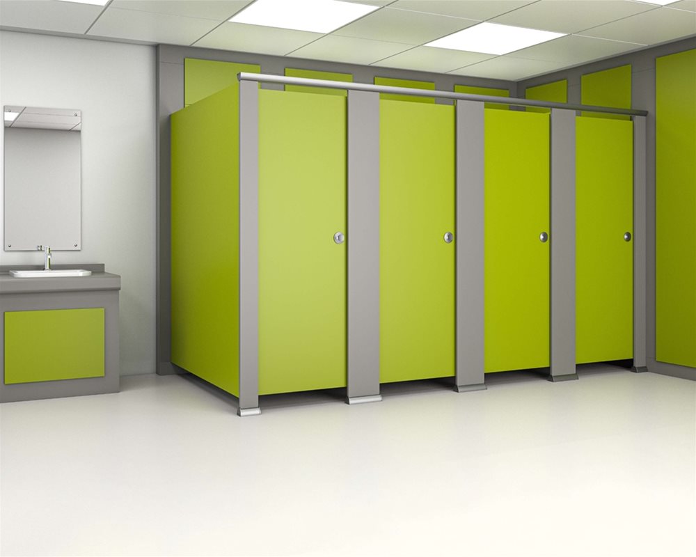 Quadro toilet cubicle and semi-recessed vanity unit with an upstand in 'Lime Green' and 'Mid Grey' colour