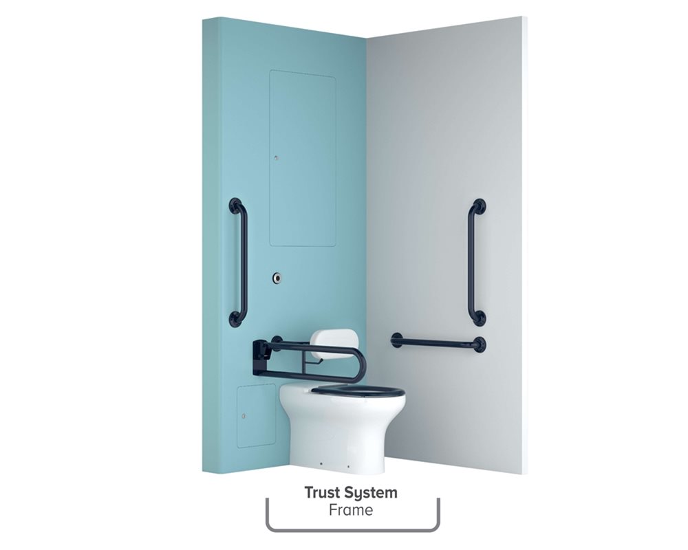 Healthcare IPS Postformed Boxed Out Unit with Assisted Ambulant WC Assembly (HBN reference: WC HD) featuring DOC M sanitaryware, grab rails and back rest.