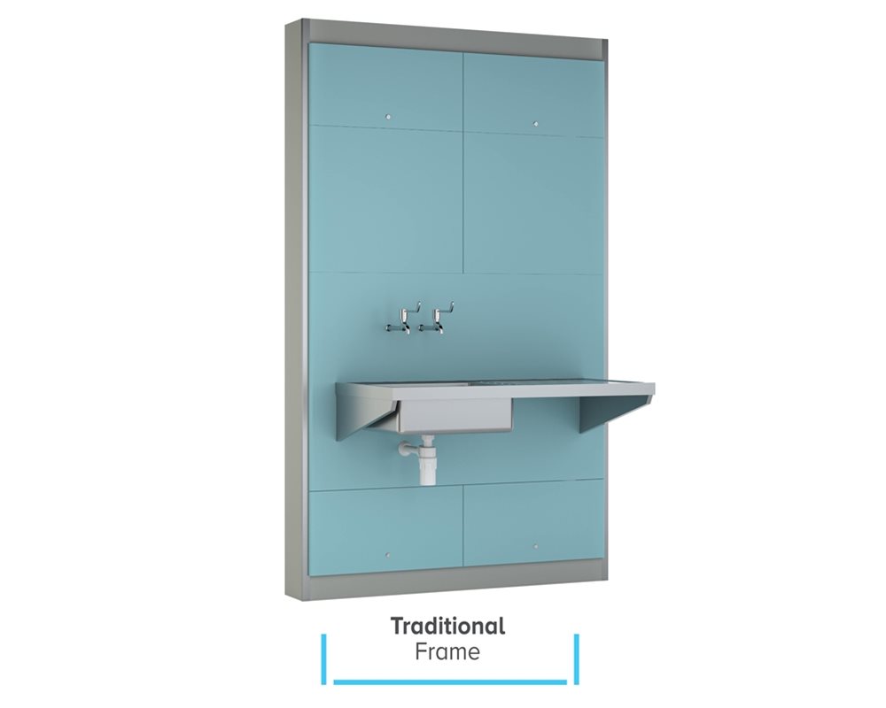 Healthcare IPS Traditional Boxed Out Unit with stainless steel Sink and Sink Top Assembly with left hand drainer (HBN reference: ST A) and healthcare wall mounted lever action bib taps.
