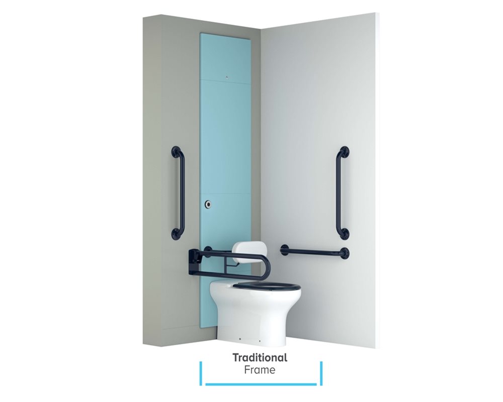 Healthcare IPS Traditional Boxed Out Unit with Assisted Ambulant WC Assembly (HBN reference: WC HD) with DOC M sanitaryware, back rest and grab rails.