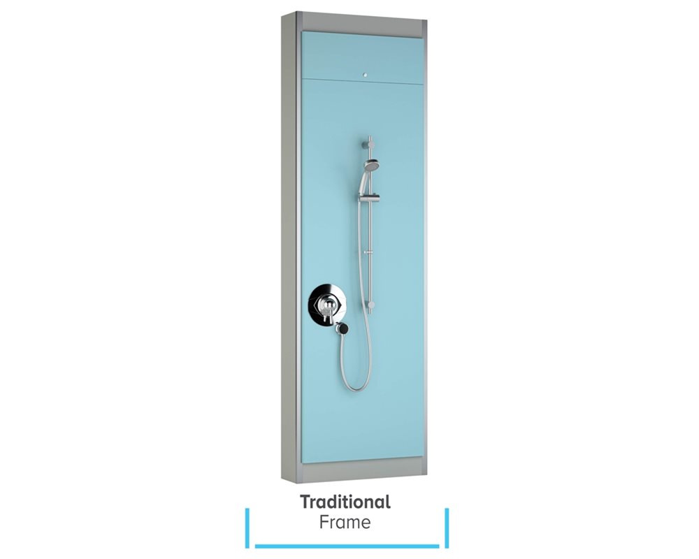 Healthcare IPS Tradtional Style Boxed Out Unit with Typical Shower Assembly (HBN reference: TM 1) featuring lever action on/off and temperature control and shower head with hose.