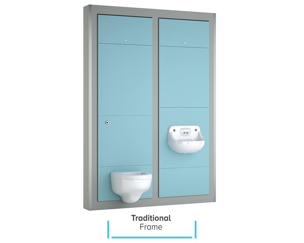 Healthcare IPS Traditional Boxed Out Unit with High Risk with Wall Hung WC assembly for mental healthcare environments with anti-ligature basin and WC with sensor flush