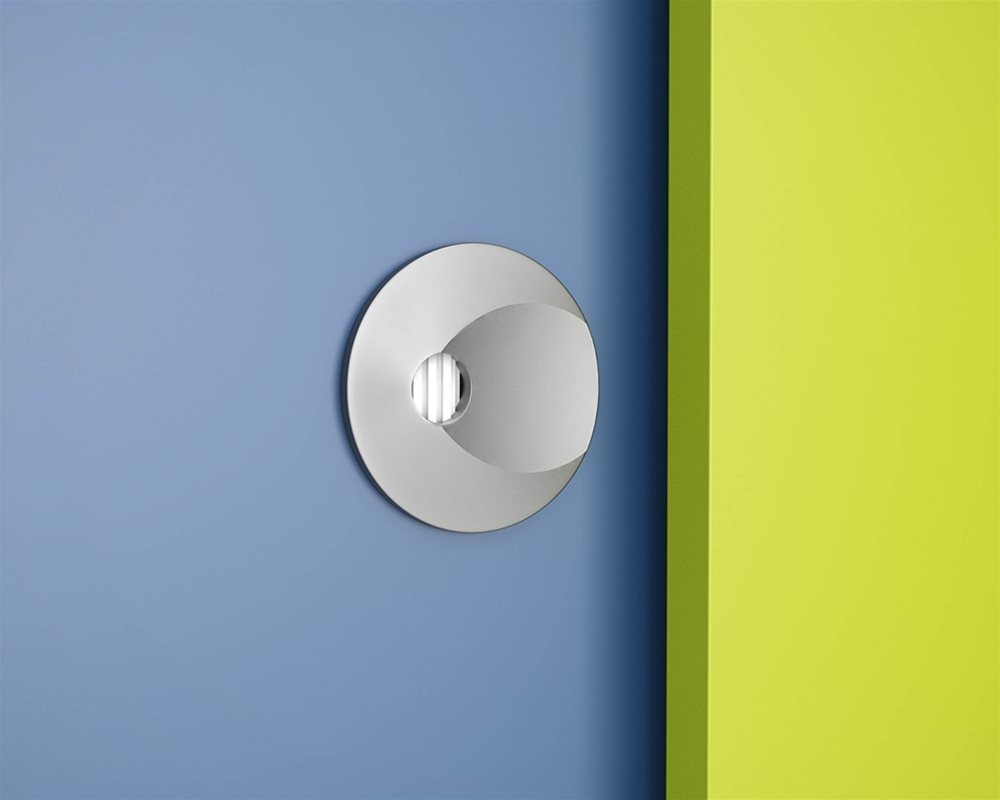 Profiles toilet cubicle with 'Lime Green' pilaster and 'Cobalt Blue' door with silver lock faceplate