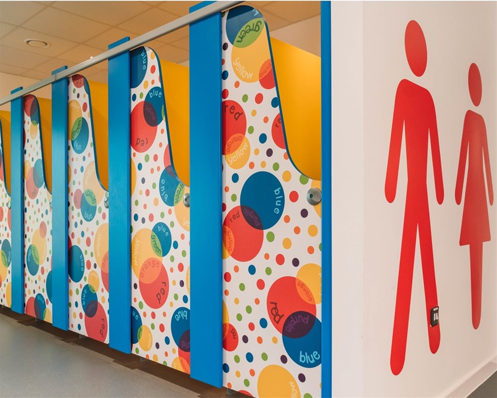 Bushboard Washrooms | Profiles Kids school toilet cubicles | Colour Creations laminate 