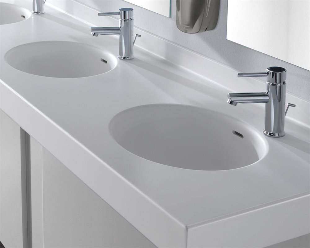 Integral Solid Surface basin in 'Elysian' white Solid Surface vanity unit