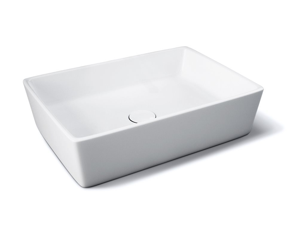 White rectangular ceramic vessel basin on white background