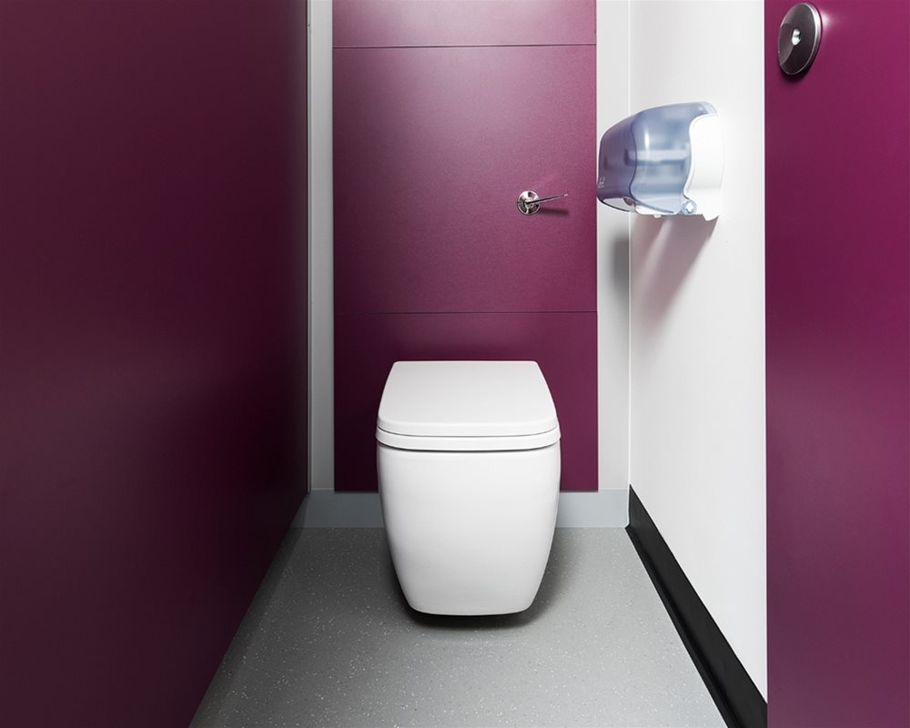 White ceramic Marden wall hung WC on 'Mulberry' purple panels