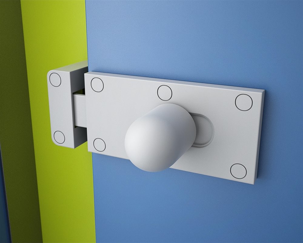 Profiles toilet cubicle with 'Lime Green' pilaster and 'Cobalt Blue' door with light grey lock body