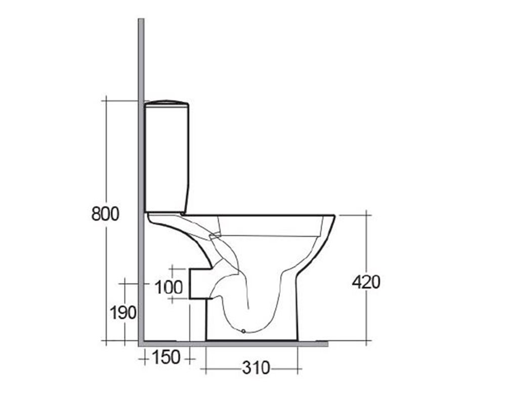 Side elevation technical drawing of 'Chartham Beyond' close coupled WC