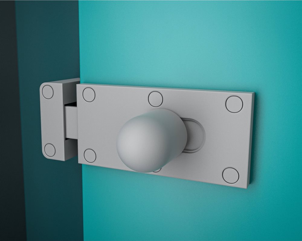 Tough Stuff toilet cubicle with 'Ocean Green' pilasters and 'Turquoise' doors with light grey sliding lock body