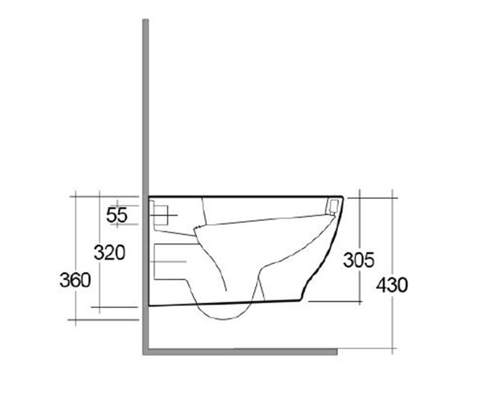 side elevation technical drawing of 'Langley Curve' wall hung WC