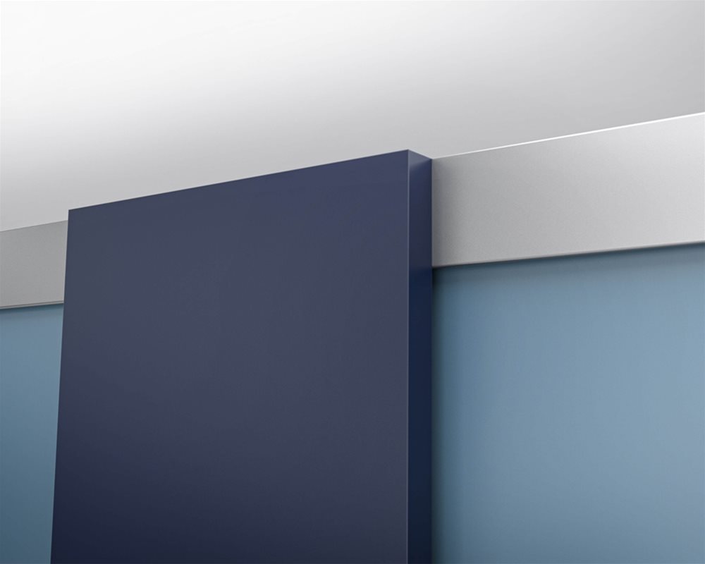 HiZone toilet cubicle with 'Navy Blue' pilaster and 'Air Force Blue' door with silver headrail